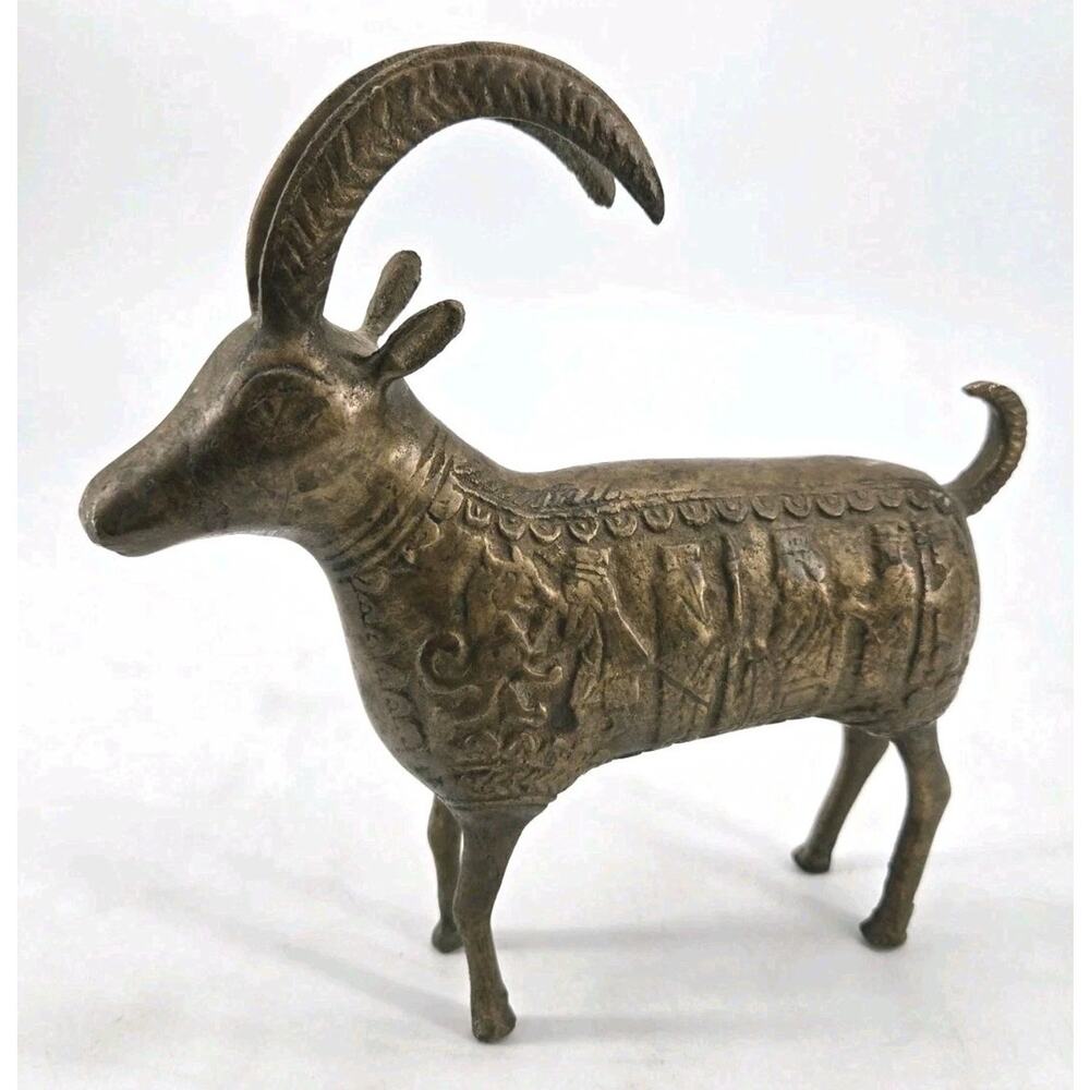Vintage 50s Persian Brass Ram Goat Ibex With Hieroglyphics Etched Tribal Boho 7"